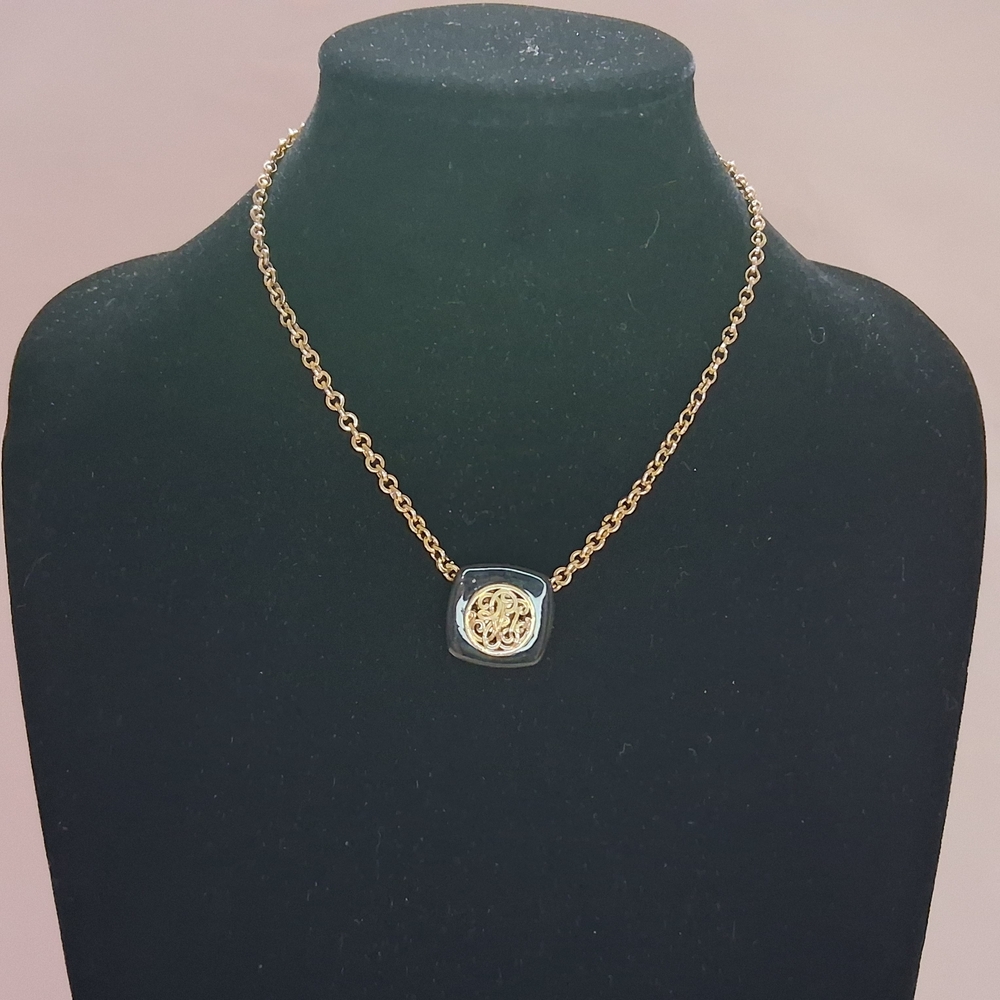 Vintage Monet Black Gold Tone Logo Square Pendant Necklace Rolo Chain Choker